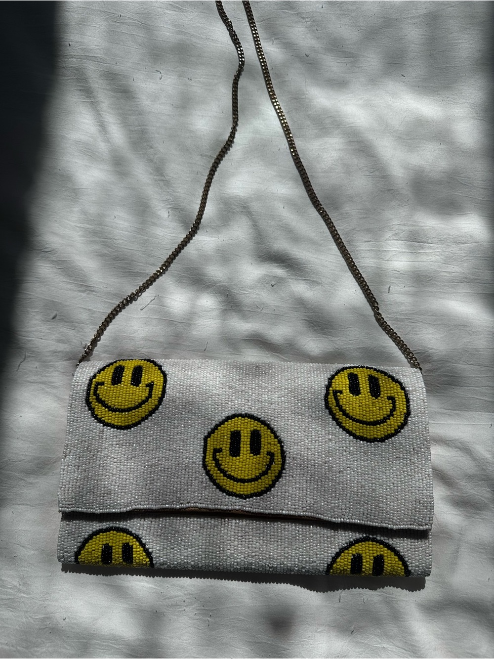 Beaded Smiley Clutch Shoulder Bag - White/Yellow